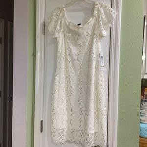 White Off the Shoulder Lace Dress with Gold